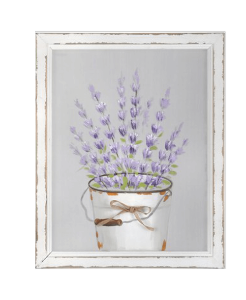 15 inch x 19 inchW frame with painted lavender in a bucket on a screen back