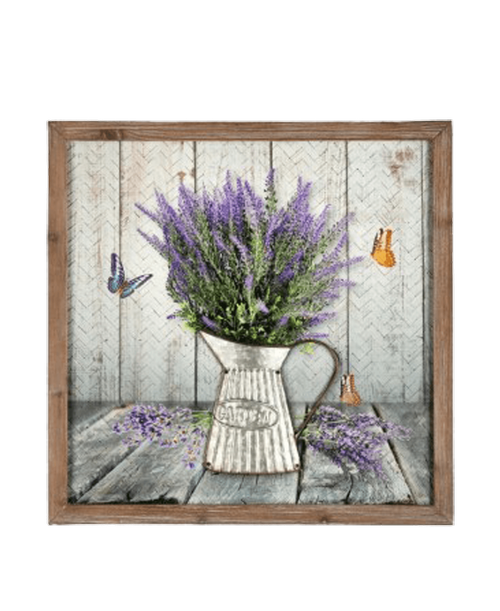 A 19.5 inch square wood & bamboo weave designed back ground with lavender in a raised tin pitcher