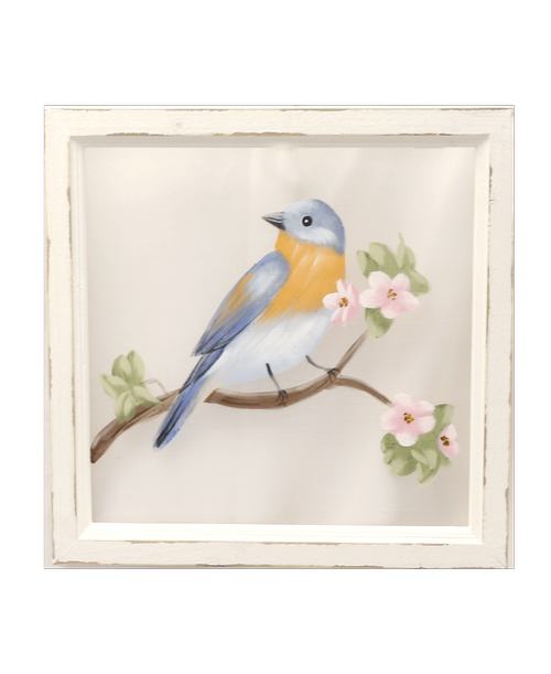 16 inch square wood frame with a painted orange and blue bird on a screen 