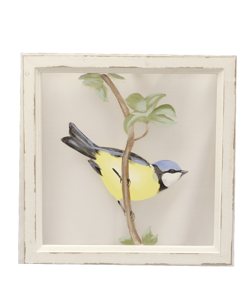 16 inch square wood frame with a painted yellow and blue bird on a screen