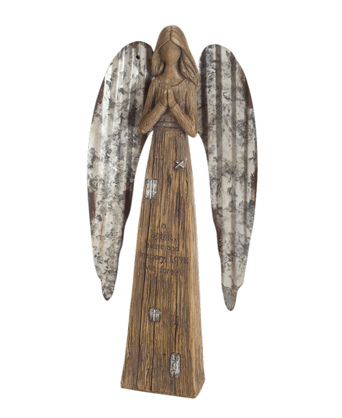 13.75 inchH Praying Angel Figurine with Saying 'In Spirit, heart and memory, LOVE lives forever' - Polyresin with Metal Wings - Brown and Gray