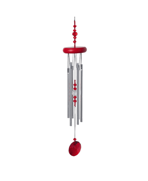 This sparkling charmer features faceted crimson red glass crystals as its windcatcher and clapper. The color of action, energy and activity, this chime would be well placed in a home office or a dedicated workout area. Wherever it hangs, this chime's bright color will draw attention and keep things moving! This product is designed to hang from a string loop, rather than an O-ring. Washed red finish ash wood - 6 silver aluminum solid rods - Red and clear crystal accents - Overall Length: 20 inches
