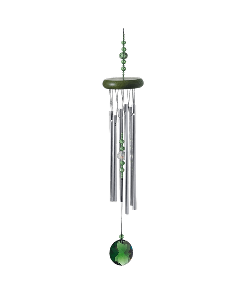 This sparkling charmer features faceted emerald green glass crystals as its windcatcher and clapper. Green represents nature, growth and prosperity. Associated with spring and hope for a better future, green is the color of balance and is most often associated with success. Let this radiant chime project a sense of balance in your home or garden. This product is designed to hang from a string loop, rather than an O-ring. Washed green finish ash wood - 6 silver aluminum solid rods - Green and clear crystal accents - Overall Length: 20 inches