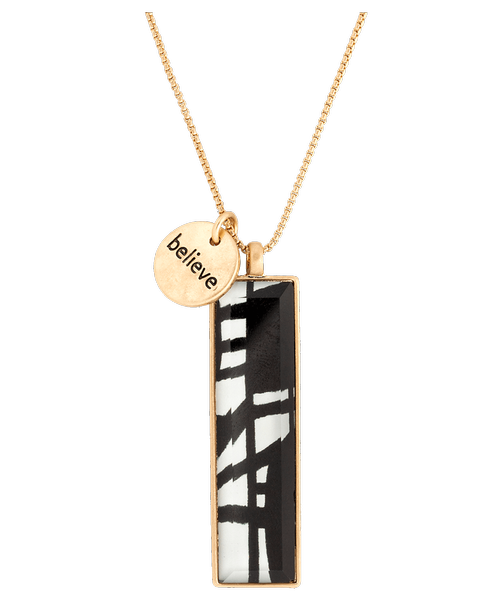 Incorporate inspiration throughout the day with the ArtLifting Necklace - Bold Black and White. Crafted by a talented designer, this adjustable necklace is delicately designed with original artwork and an encouraging charm that reads, inchBelieve. inch A unique gift for her, or a little sweet something for yourself! Size: 5 inchw x 2 inchlong pendant with 15 inchlong chain (adjustable); Created by Linda King