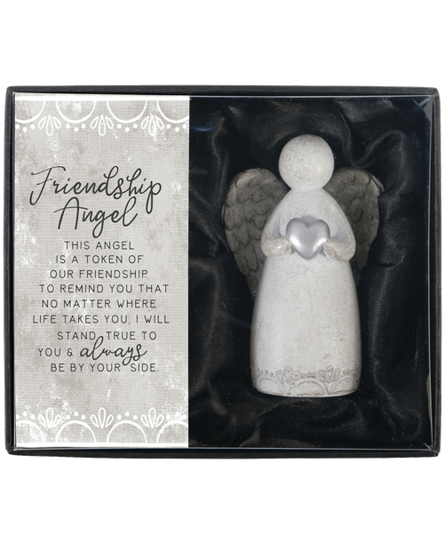 3 inchH x 2 inchW Friendship Gift Boxed Angel with sentiment on box 'Friendship Angel - This angel is a token of our friendship - To remind you that no matter where life takes you, I will stand true to you & always be by your side inch