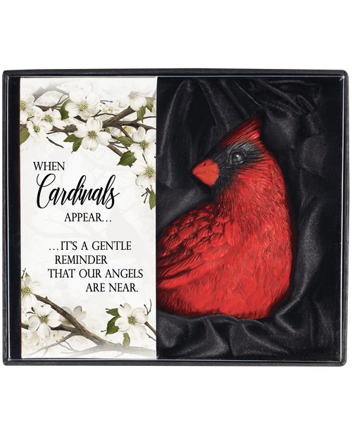 3 inchH x 3.5 inchW x 2 inchD Cardinals Appear Gift Boxed Cardinal with sentiment on box 'When Cardinals Appear…It's a gentle reminder that our angels are near. inch