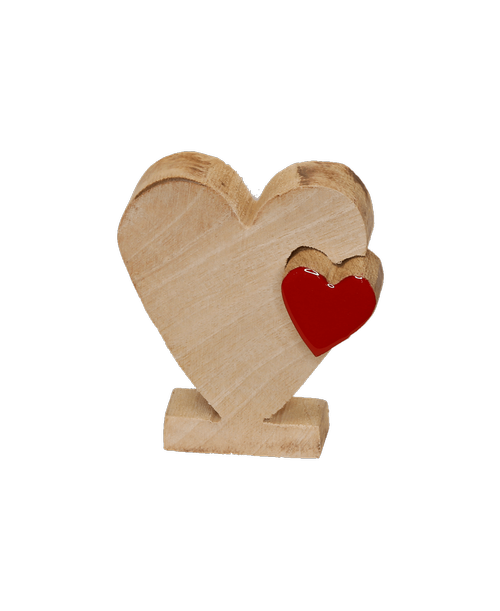Wooden natural heart with a removable small red heart - 4 x 3.5 x 1 