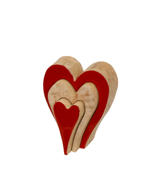 Wooden set of three nesting hearts in natural and reds - 4.5 x 3 x 1.4 