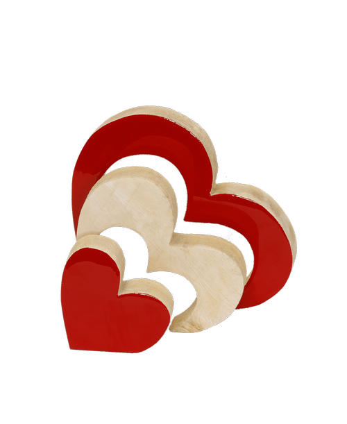Wooden set of three nesting hearts in natural and red 7.65 x 7 x 1
