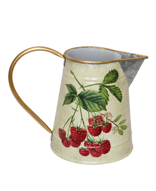 8 inchH Round Metal Berry Pitcher with a Red Raspberry Design