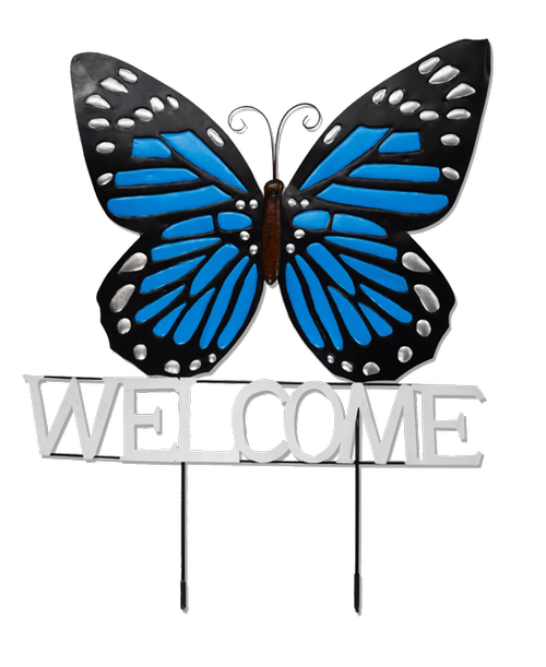 Large metal blue butterfly on stakes with Welcome greeting Overall 36'H (with stakes) x 29 inchW 