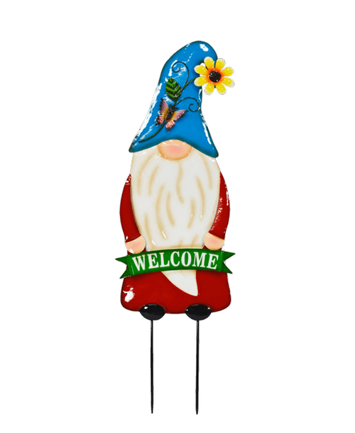 Metal Welcome Gnome - Overall 26 inchH with stakes x 8 inchW 