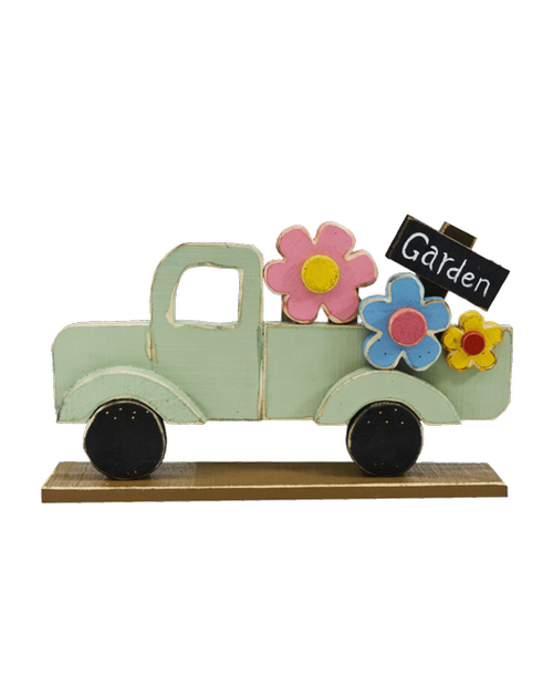12 inchH x 22 inchW Thick Wood Truck with flowers and a garden sign