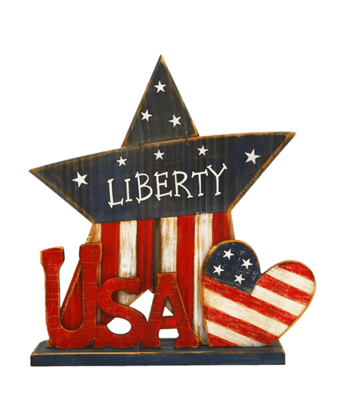 10.5 inchH x 10 inchW Wooden USA Star with Heart and Liberty on the star