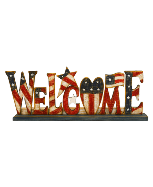 5.25 inchH x 13.5 inchW Wooden Sitting USA Welcome sign