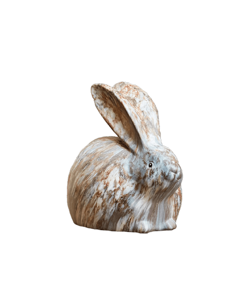 6 inchH resin sitting rabbit with ears up and a marble design