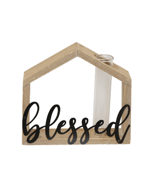 6.75 inchH x 7.5 inchW Wood Home shaped Stand with 'Blessed' in black