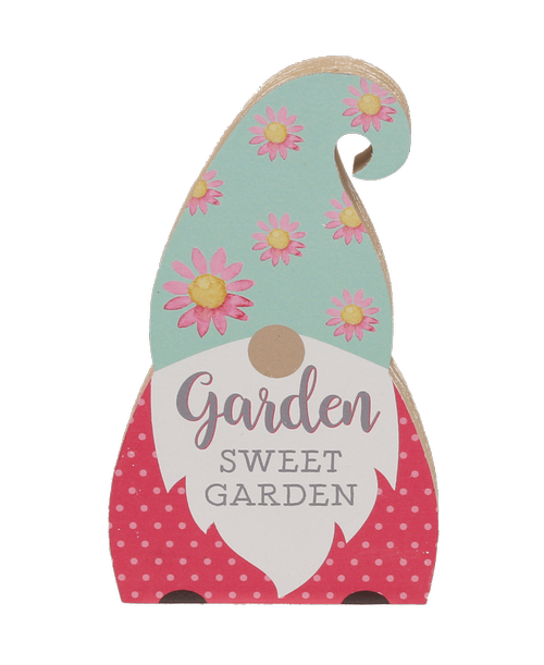 8 inchH x 4.75 inchW x 1 inchD Wood Spring Gnome Block- Garden Sweet Garden