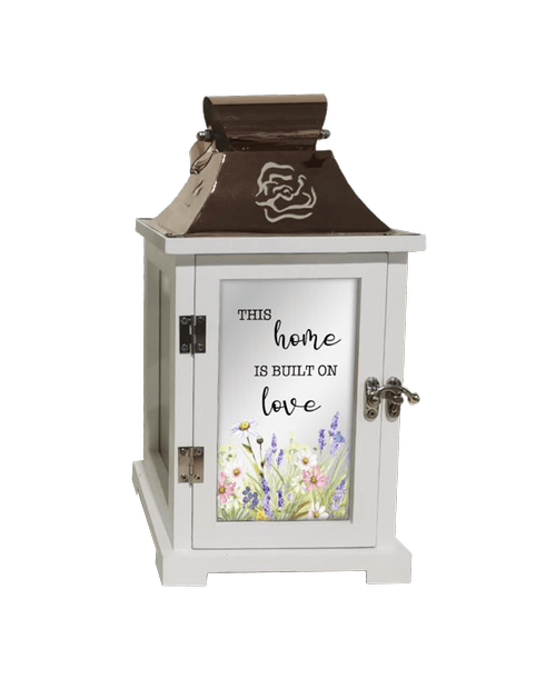 Wood Wildflower Terrarium Lantern with the saying 'This home is built on love' 15 inchH x 6.5 inchW (option to add your own candle - lantern has a 3 inch holder inside)