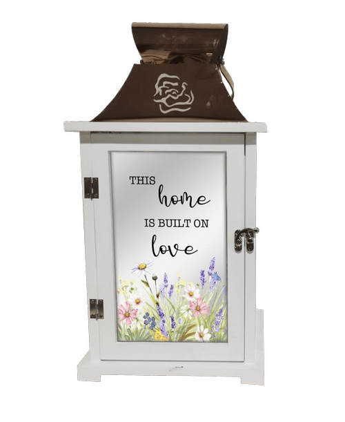 Wood Wildflower Terrarium Lantern with the saying 'This home is built on love' 17.5 inchH x 8.75 inchW (option to add your own candle - lantern has a 3 inch holder inside)