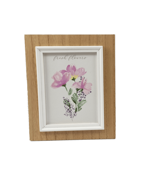 8.5 inchH x 6.75 inchW x .75 inchD Wood Word Flower Frame with pink flowers and 'Fresh Flowers'