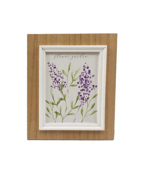 8.5 inchH x 6.75 inchW x .75 inchD Wood Word Flower Frame with purple flowers and 'Flower Garden'