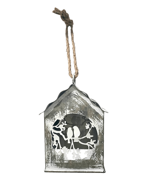 Decorative Galvanized Birdhouse with a White Wash Bird Cutout design. Birdhouse has an open bottom and a rope for option to hang. 7 inchH x 5 inch