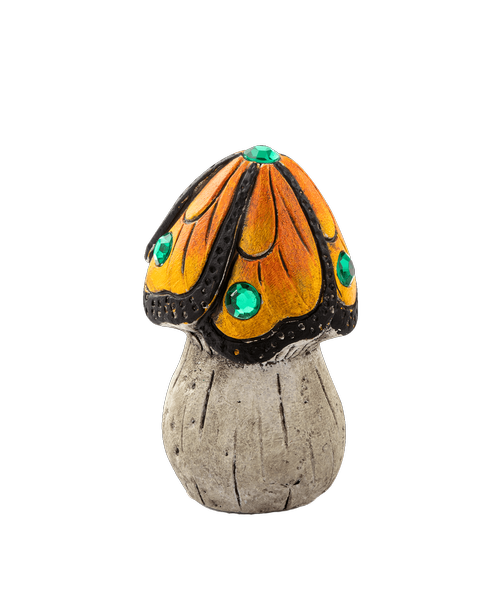4 inchH Spring Mushroom with an orange monarch butterfly designed cap