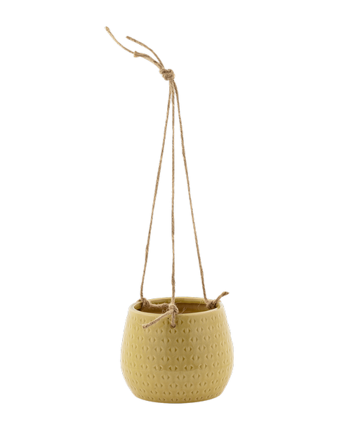 A yellow ceramic hanging pot 4.25 inch x 4.5, Overall 14 inchH
