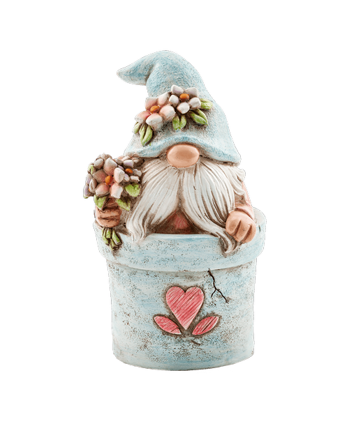 5.25 inchH Resin Gnome sitting in a flower pot and holding flowers