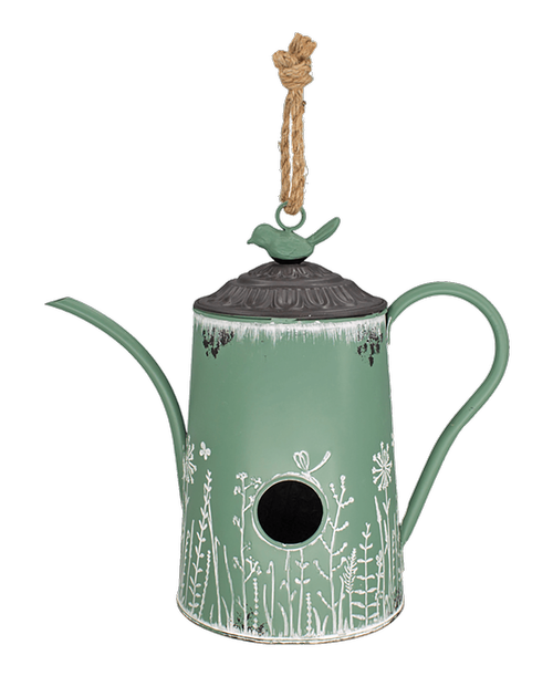 Green Embossed Flower Watering Can Bird House with a wildflower and dragonfly design. 12 x 6 x 10.5