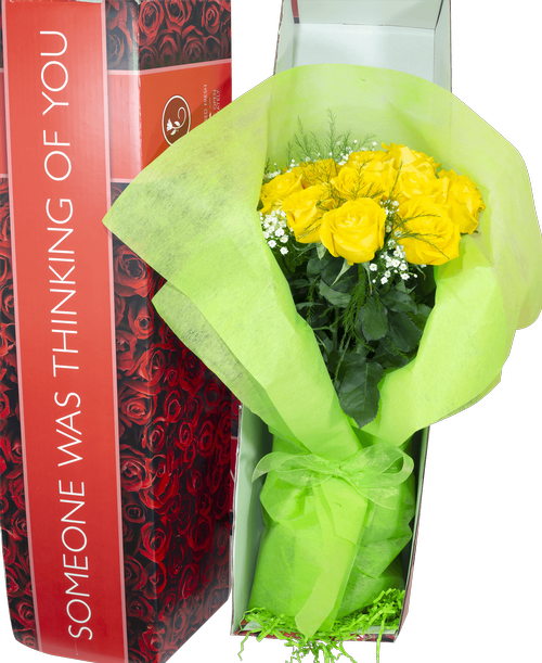 One dozen yellow roses and babies breath, carefully packed and delivered in box with included vase. 