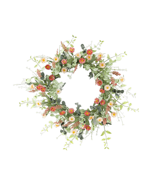A 26 inchD silk wreath with mini daisies in shades of pink and coral with assorted greens
