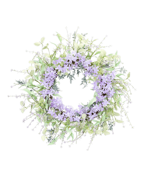 A 25 inchD silk wreath with lavender flowers and assorted greens