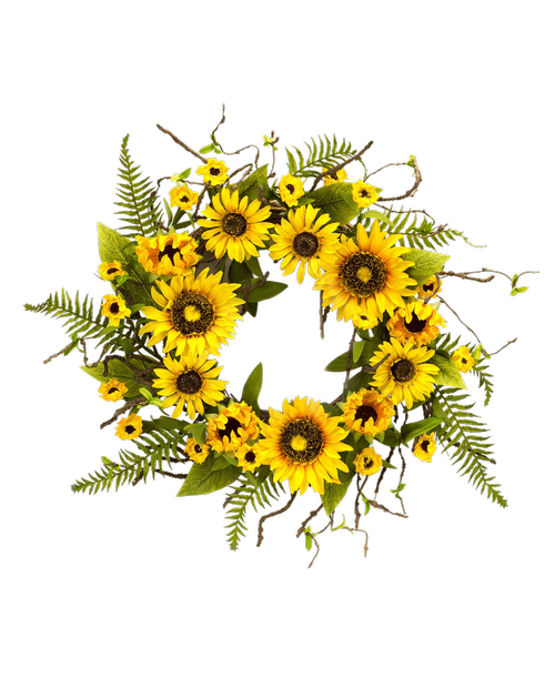A 27 inchD silk wreath with sunflowers and ferns