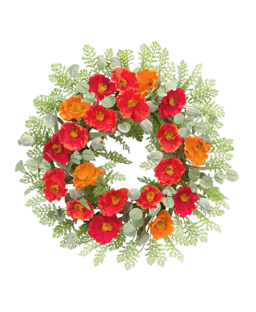 A 22 inchD silk wreath with red and orange poppies and assorted greens