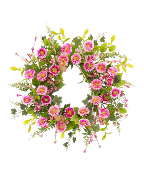 A 26 inchD silk wreath with pink gerbera daisies and assorted greens