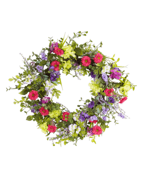 A 24 inchD silk wreath with mixed colored flowers and assorted greens