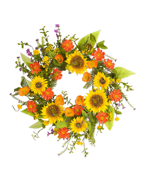 A 25 inchD silk wreath with sunflowers and assorted flowers and greens