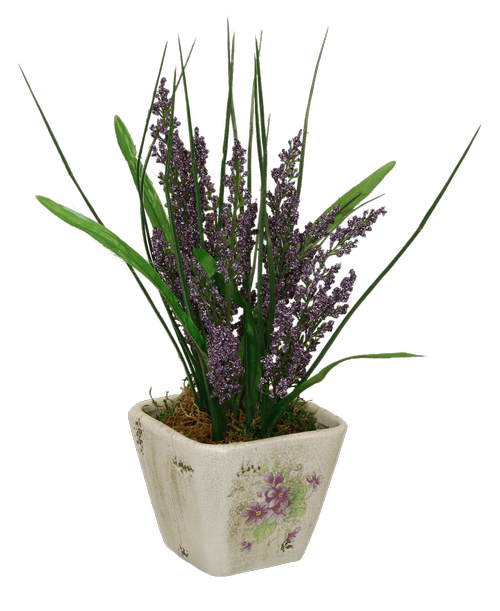 A 3 inch pot with a violet design holds silk purple astilbe 12 inchH x 4 inchW