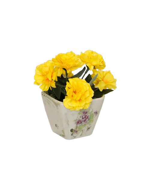 A 3 inch pot with a violet design holds silk yellow mini carnations 7.5 inchH x 6 inchW