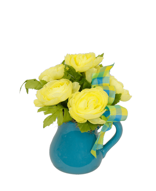 A 4 inch aqua pitcher holds and all around silk arrangement with yellow ranunculus and a matching plaid bow. 8 inchH x 8.5 inchW