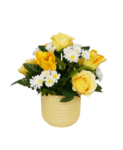 A 3.75 inchH ribbed yellow pot holds an all around silk arrangement with yellow roses, yellow tulips, and white mini daisies. 11.5 inchH x 10 inchW