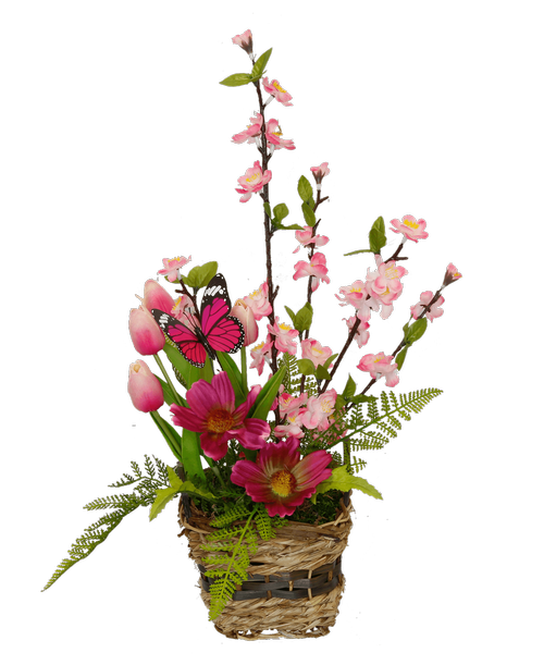 A 5 inch straw basket with handles holds a one-sided silk arrangement with pink mini tulips, pink cherry blossom, orchid cosmos, fern, and a pink butterfly. 19.5 inchH x 10 inchW