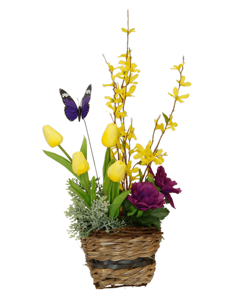 A 5 inch straw basket with handles holds a one-sided silk arrangement with yellow mini tulips, yellow forsythia, purple anemone, and a purple butterfly. 20.25 inchH x 9 inchW