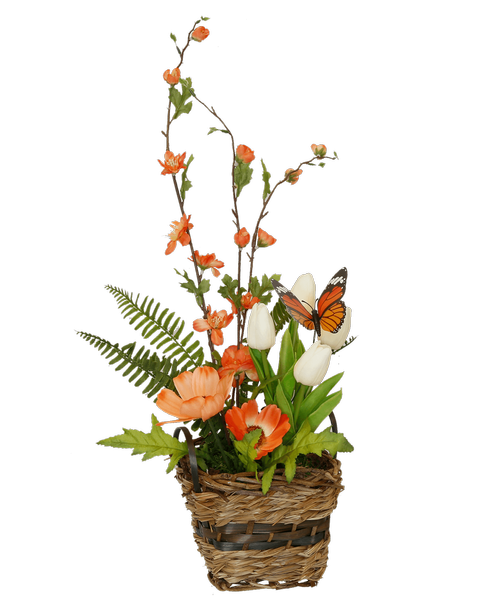 A 5 inch straw basket with handles holds a one-sided silk arrangement in shades of peach including mini tulips, cherry blossom, cosmos, and includes an orange butterfly. 22.5 inchH x 10 inchW