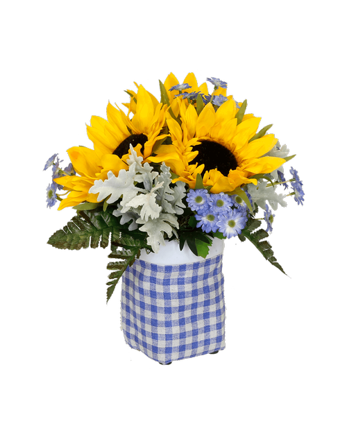 A 5.5 inchH blue checked container holds an all around silk arrangement with three sunflowers, blue mini daisies, and dusty miller. 11.25 inchH x 11.5 inchW