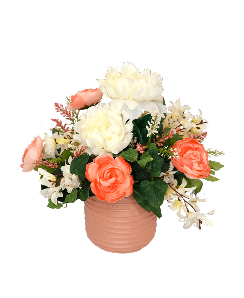 A 3.75 inchH coral ribbed pot holds an all around silk arrangement with cream peonies, cream freesia style lilies, coral ranunculus, and coral astilbe. 12 inchH x 14.5 inchW