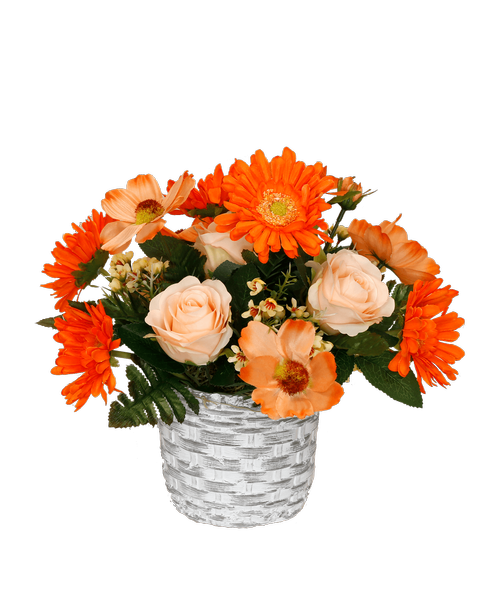 A 4.5 inch cement pot with a weaved design holds an all around silk arrangement with peach roses, yellow waxflower, coral cosmos, and orange gerbera daisies. 12.5 inchH x 13.5 inchW