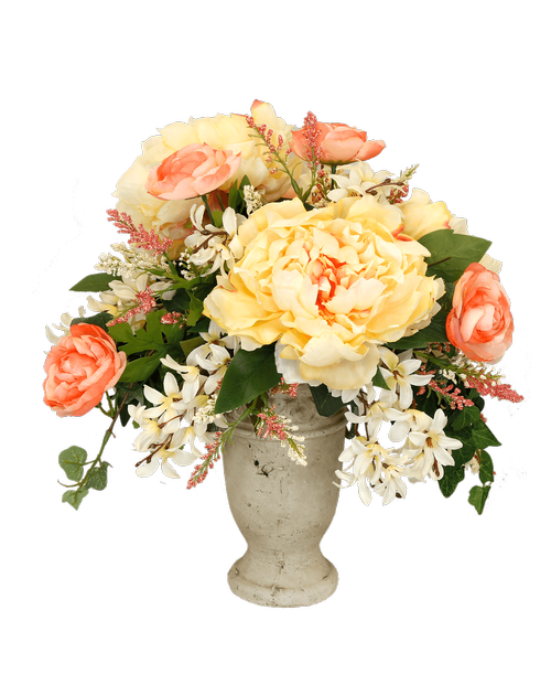 A 7.5 inchH clay urn holds an all around silk arrangement with peach peonies, coral ranunculus, cream mini lilies, and coral astilbe. 16 inchH x 14 inchW
